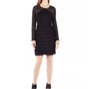 BCBGMaxAzria Black Fringe Long Sleeve Dress